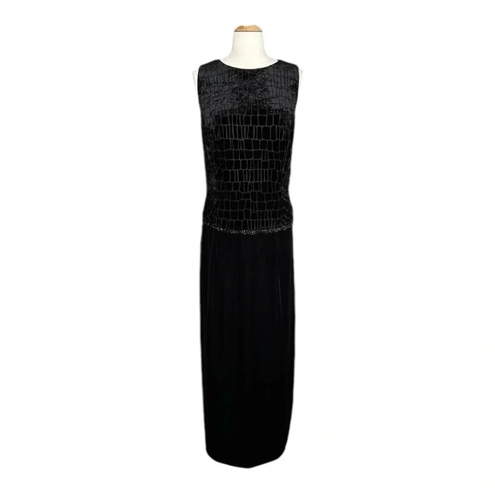 SCOTT McCLINTOCK Vintage 80s Maxi‎ Column Dress Gown Black Velvet Burnout Beaded